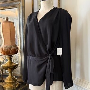 H by Halston Black Wrap Tie Blouse